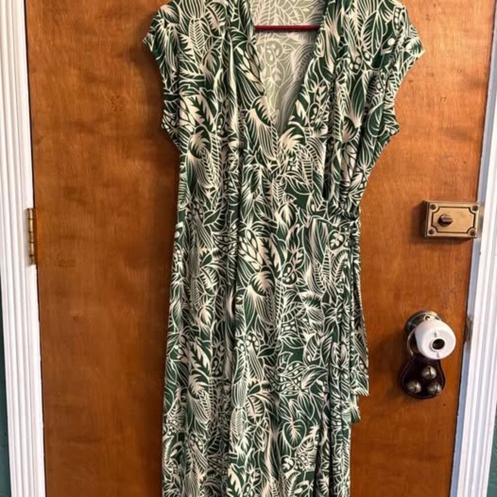 Green White Wrap Dress Plants Garden Summer V Tie Stretch Spring S/S Women's L